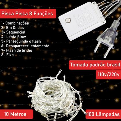 Imagem de Pisca Pisca Natal Cordão 100 Leds 10m 8 Funções Varias Cores 110v 220v