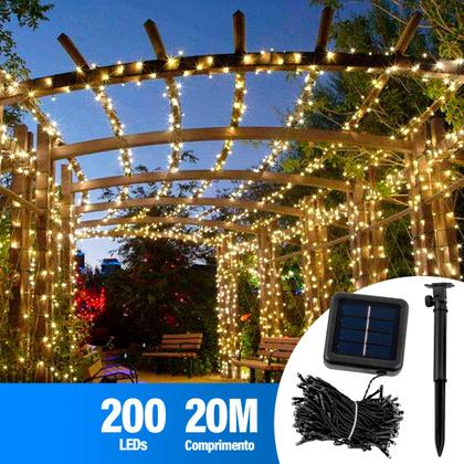 Imagem de Pisca Pisca Natal Led 200 Lâmpadas Colorida ou Dourado Solar 20m 8 Modos Decoração Enfeite Luzes Externa Jardim Quintal Garagem