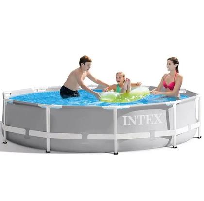 Imagem de Piscina Intex 7000 litros estrutural PRISM Cinza com Bomba Filtro 220v Capa Forro Kit de Limpeza e ESCADA