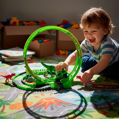 Imagem de Pista Com Looping Carro Automático E Dinossauros Brinquedo 116 Peças Desmontável