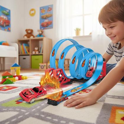 Imagem de Pista de Corrida Wellkids 4 Loops 360 Carro Fricção Fire Track 24 Peças Infantil