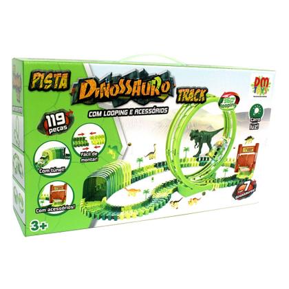 Imagem de Pista Dinossauro Track com Looping e Acessorios 119 Pecas DM Toys Carrinho com Luz 7 Mini Dinos