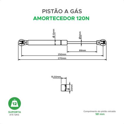 Imagem de Pistão Amortecedor A Gás Para Móveis Armários 120N - Prata