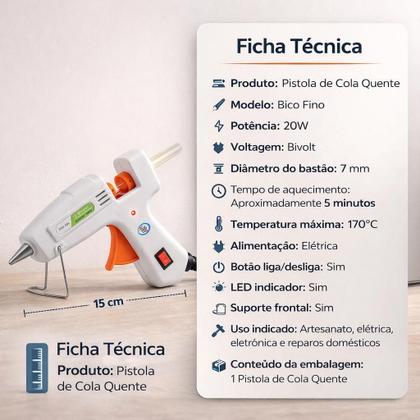 Imagem de Pistola Cola Quente Bico Fino 20W Bivolt + 10 Bastões 7mm