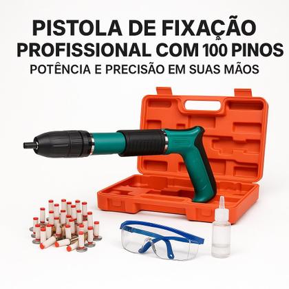 Imagem de Pistola De Fixação Kit 100 Pinos Finca Pino Drywal Gesso Fixação Com Acessórios