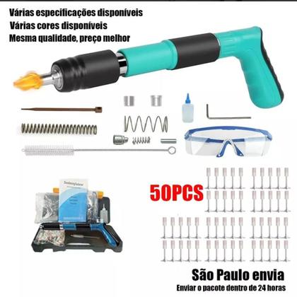 Imagem de Pistola de Fixação Manual de Alta Pressão para Parede, Aço Resistente, Ajustável, Turquesa, com 50 Pregos