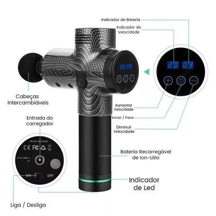 Imagem de Pistola de Massagem Profissional Elétrica para Liberação Miofascial Semelhante Phoenix 30 Velocidades e 6 Ponteiras de Massagem