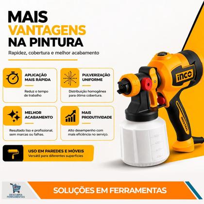 Imagem de Pistola De Pintura Ingco 530W Pulverizadora Sem Respingos 3 Padrões Jato Profissional