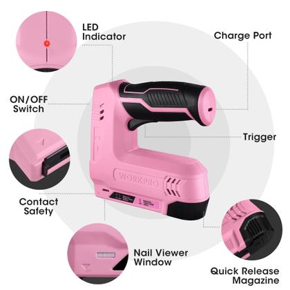Imagem de Pistola de pregos e grampos 2 em 1 sem fio WORKPRO 3.6V Power Pink