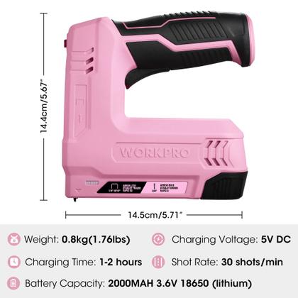 Imagem de Pistola de pregos e grampos 2 em 1 sem fio WORKPRO 3.6V Power Pink