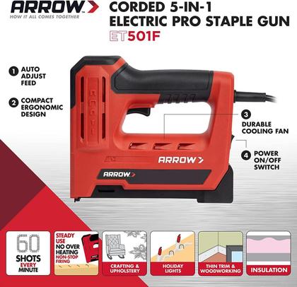Imagem de Pistola Elétrica Profissional 5 em 1 para Grampos e Pregos Arrow ET501F
