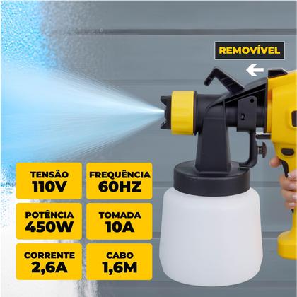 Imagem de Pistola Pintura Pulverizadora HVLP Elétrica 450W 1000 ML Frente Removível Bico Cobre kit Limpeza 3 Regulagem Jato cabo 3 M Leve SparkBr AMGPI01