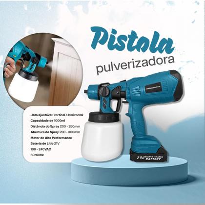 Imagem de Pistola Pintura Pulverizadora Spray Rápida e Sem Fios Portátil 21V 1000ml Elétrico
