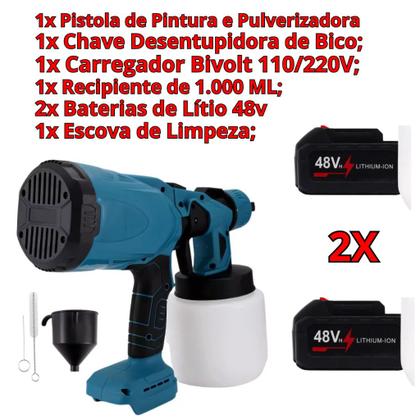 Imagem de Pistola Pulverizadora de Tinta 48V Sem Fio com 2 Baterias 1000ml Elétrica Spray Portátil
