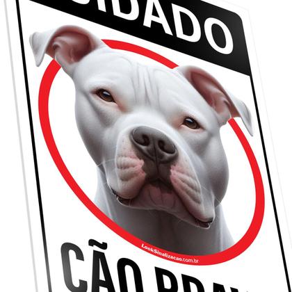 Imagem de Placa Aviso Cuidado Pitbull Branco Cão Bravo Segurança 20x30cm Cachorro
