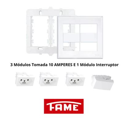Imagem de Placa C/3 Módulos Tomada 10A + 1 Módulo Interruptor Simples