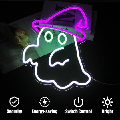 Imagem de Placa de néon CKTBLEY Witch Hat Ghost, decoração de parede de Halloween