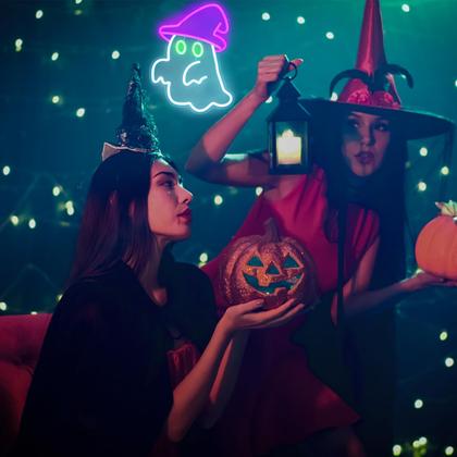 Imagem de Placa de néon CKTBLEY Witch Hat Ghost, decoração de parede de Halloween