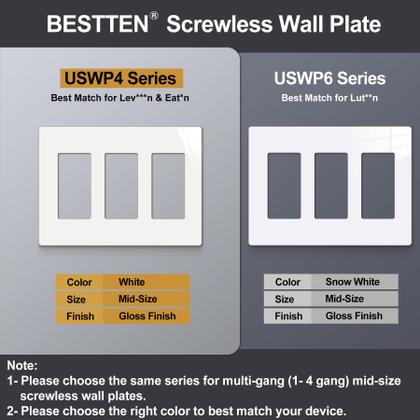 Imagem de Placa de parede BESTTEN USWP4 3 Gang Screwless White 12x17 cm, pacote com 2