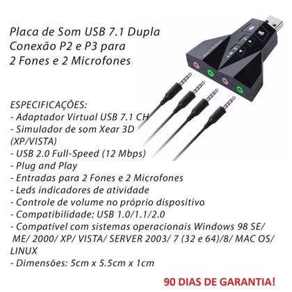Imagem de Placa de Som Externa USB 7.1 Dupla Adaptador Audio Headset - Kapbom