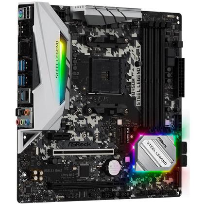 Placa-Mãe ASRock B450M Steel Legend, AMD AM4, mATX, DDR4, Preto - B450M Steel Legend Imagem de Placa-Mãe ASRock B450M Steel Legend, AMD AM4, mATX, DDR4, Preto - B450M Steel Legend