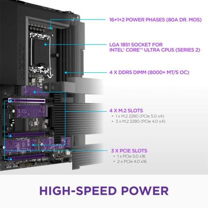 Imagem de Placa Mãe Gaming NZXT N9 Z890, Intel Z890, LGA 1851, ATX, DDR5, com Wi-Fi e Cover, Preta - N9-Z89XT-B1