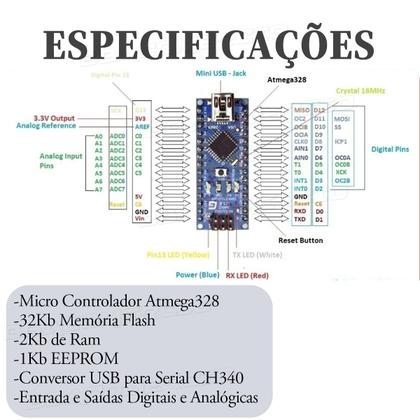 Imagem de Placa Nano Atmega328 Ch340 Compativel Com Arduino V3 + Cabo