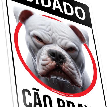 Imagem de Placa Sinalização Cuidado Cachorro Pitbull Branco Cão Bravo 20x30cm