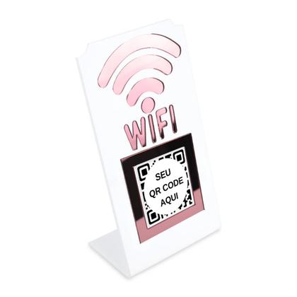 Imagem de Placa Wifi Qr Code Display Acrílico De Balcão Branco E Rosa