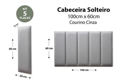 Imagem de Placas Cabeceira Modulada Adesiva Solteiro Estofada Sintético Cinza - 100cm x 60cm Kit 5 Placas