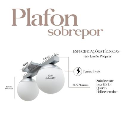 Imagem de Plafon Sobrepor de Teto lustre Jabuticaba Com 2 Globos Vidros 12cm Para sala, Cozinha, Quarto