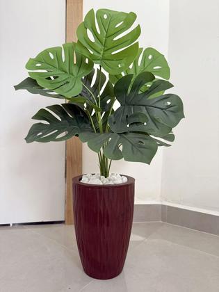 Imagem de Planta Artificial Costela de Adão Com Vaso Ondulado E Pedras