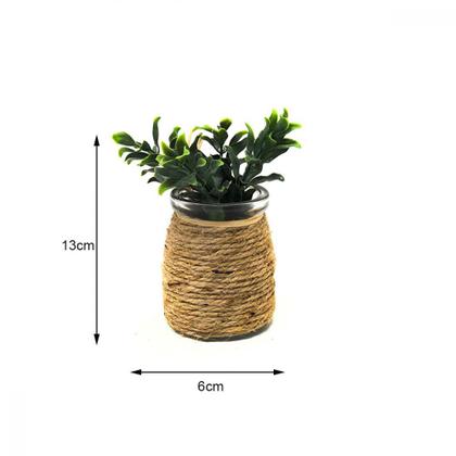 Imagem de Planta Artificial Vaso Vidro Decorativo Arranjo Folhagens Folhas Flores Centro Mesa Objeto Decoração Barbante Sisal 11cm