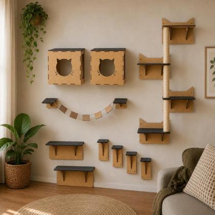 Imagem de Playground para Gatos 10 peças Prateleiras Circuito Escada Gatil Mdf Nicho Arranhador Cama Ponte Pet