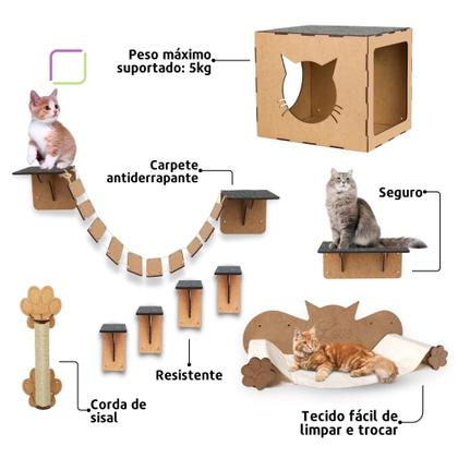 Imagem de Playground Para Gatos 9 Peças Brinquedo de Gato com Arranhador Nicho Ponte Degrau Rede em Mdf