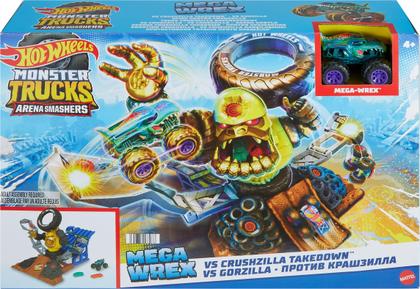 Imagem de Playset Hot Wheels Monster Trucks Arena Smashers Mega-Wrex vs Crushzilla Takedown com caminhão de brinquedo Mega-Wrex e 6 carros