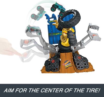 Imagem de Playset Hot Wheels Monster Trucks Arena Smashers Mega-Wrex vs Crushzilla Takedown com caminhão de brinquedo Mega-Wrex e 6 carros