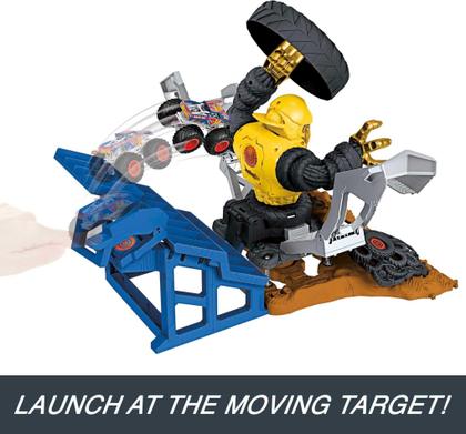Imagem de Playset Hot Wheels Monster Trucks Arena Smashers Mega-Wrex vs Crushzilla Takedown com caminhão de brinquedo Mega-Wrex e 6 carros