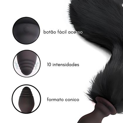 Imagem de Plug Anal Rabo de Raposa em Silicone com Vibração 10 Intensidades 7,6cm x 3,1cm Recarregável Tail 39cm