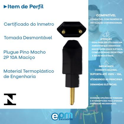 Imagem de Plugue Pino Macho 2p 10A Maciço Com Inmetro Preto