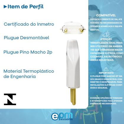 Imagem de Plugue Pino Macho 2p 10A Oco Com Inmetro Branco