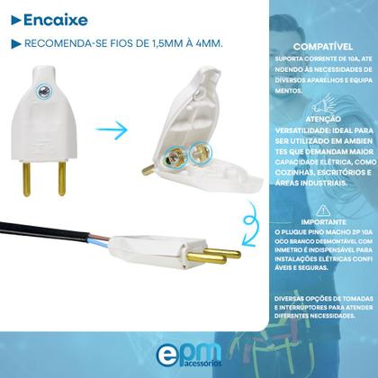 Imagem de Plugue Pino Macho 2p 10A Oco Com Inmetro Branco