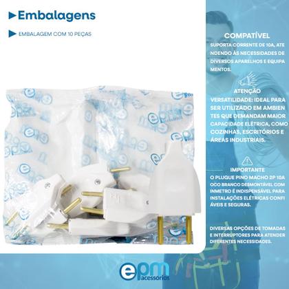 Imagem de Plugue Pino Macho 2p 10A Oco Com Inmetro Branco
