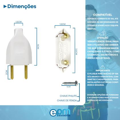 Imagem de Plugue Pino Macho 2p 10A Oco Com Inmetro Branco