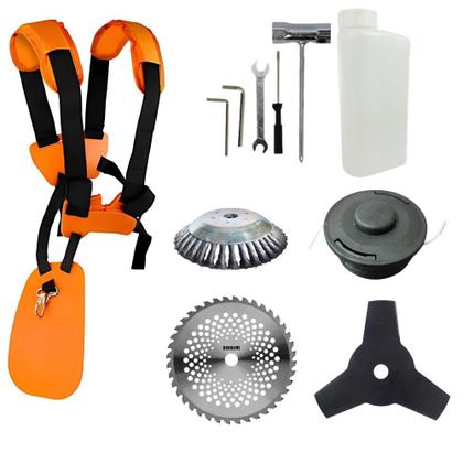 Imagem de Podador de Grama À Gasolina Vulcan VR620-H 62cc 3HP 12.500rpm Motor 2T Roçadeira Multifuncional Completa Com Carretel Nylon + Faca 3 Pontas + Faca Circular 40 Dentes Vídea + Escova de Aço 38 Cerdas