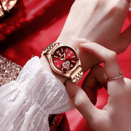 Imagem de Poedagar Rose Gold Vermelho Luxo Data Prova De Água Zircônia