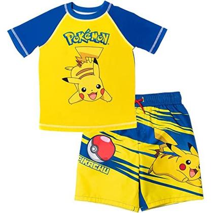 Imagem de Pokemon Pikachu Little Boys Raglan Pullover Swim Rash Guard Swim Trunks Amarelo/Marinha 7