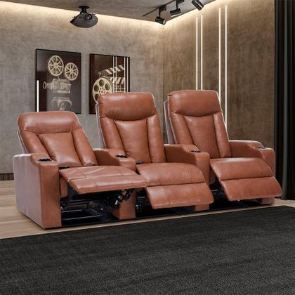 Imagem de Poltrona 3 Lugares Sala de Cinema Vancouver Porta Copos Reclinável Manual PU Caramelo G94 - Laura Lar