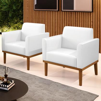 Imagem de Poltrona Base Madeira Castanho Kit 2 Maressa Sintético PU Branco - Ibiza