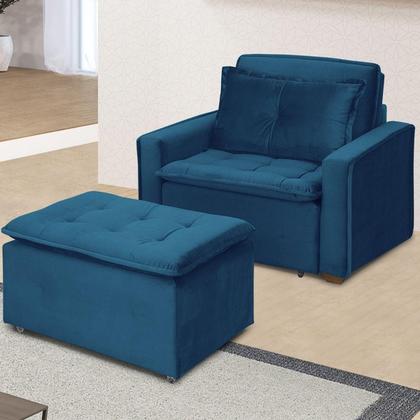 Imagem de Poltrona Cama Retrátil Reclinável Com Puff Suede Azul Descanso - Larbelle